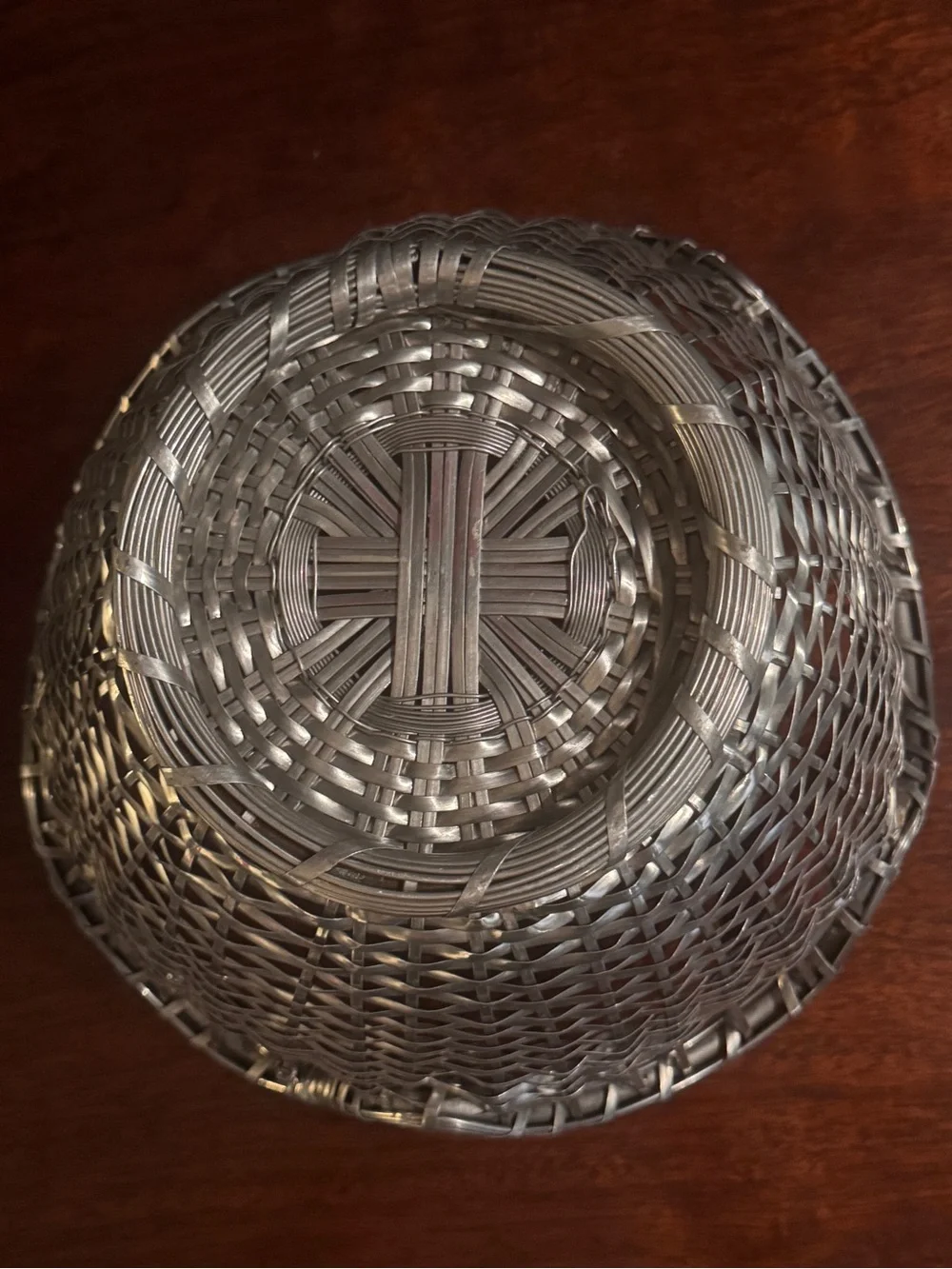 Vintage French Scalloped Silver Tone Woven Metal Basket Decorative Centerpiece
